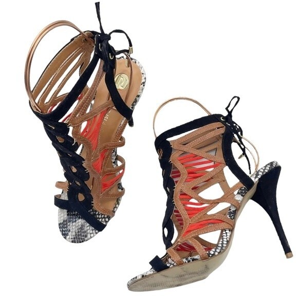 River Island Strappy Caged Mixed Print Heels Black Coral Tan Women’s 7 US | 5 UK - Picture 2 of 16